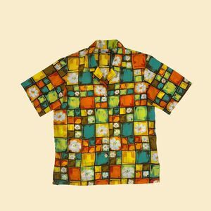 1980s M blouse w/ geometric green, teal & orange pattern, India Clothiers Inc.